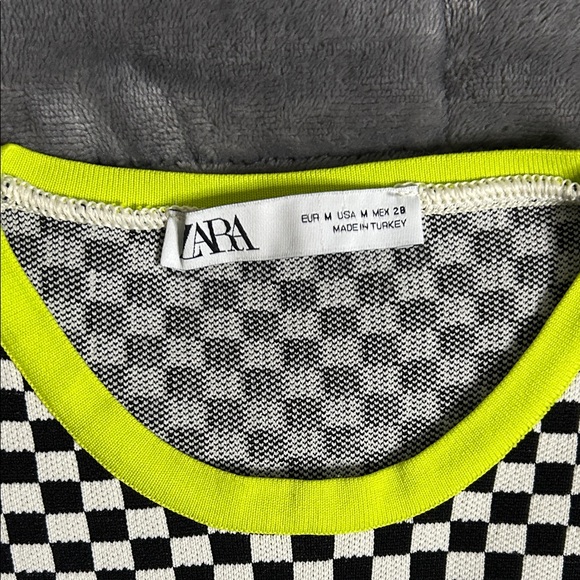 Zara Black and White Checkered Top with Neon Accents - Picture 2 of 8